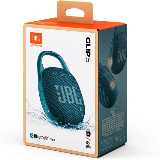 JBL Clip 5 - Ultra-Portable, Waterproof & Dustproof Bluetooth Speaker, Big Pro Sound with punchy bass, Integrated carabiner, Up to 12 Hours of Play, Made in part with recycled materials (BLUE) (1107101)
