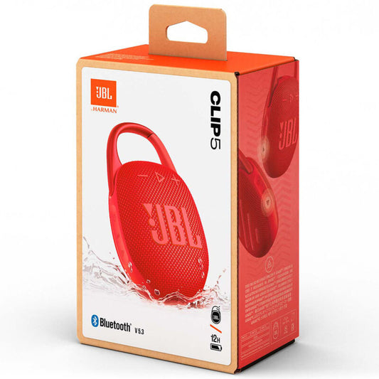 JBL Clip 5 - Ultra-Portable, Waterproof & Dustproof Bluetooth Speaker, Big Pro Sound with punchy bass, Integrated carabiner, Up to 12 Hours of Play, Made in part with recycled materials (RED) (1107102)