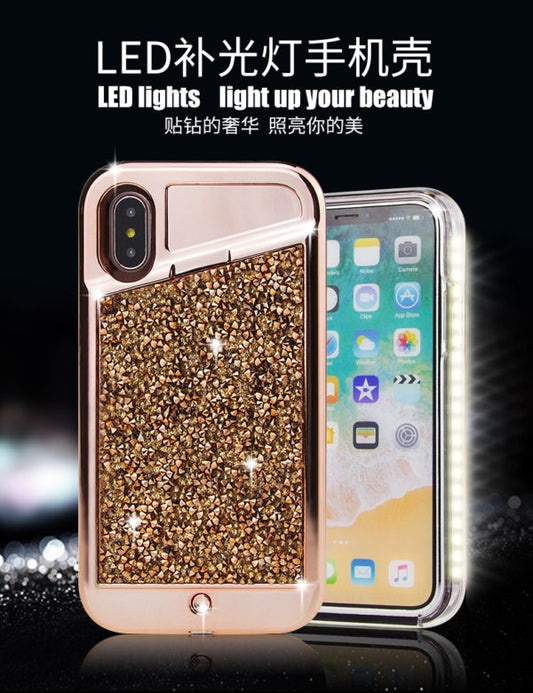 iPhone X/Xs LED Light Case Diamond Bling Rhinestone Hybrid TPU Hard PC Back Cover - Rose Gold (673)