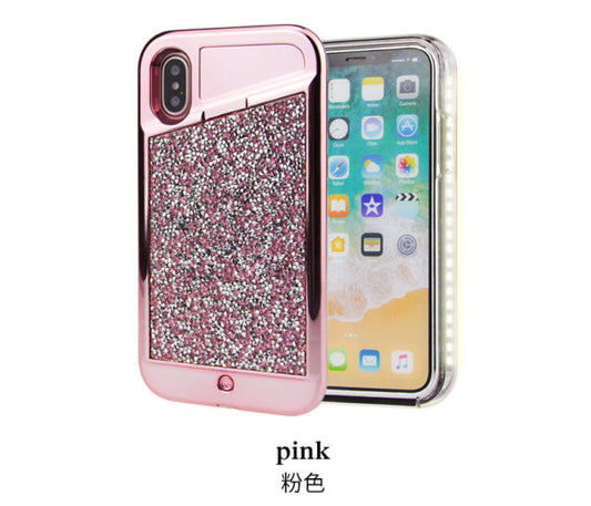 iPhone X/Xs LED Light Case Diamond Bling Rhinestone Hybrid TPU Hard PC Back Cover - Pink (671)