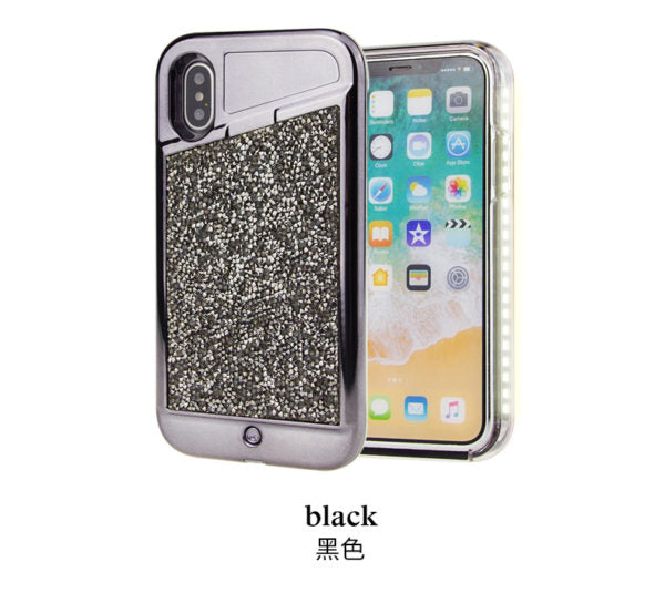 iPhone X/Xs LED Light Case Diamond Bling Rhinestone Hybrid TPU Hard PC Back Cover - Black (672)