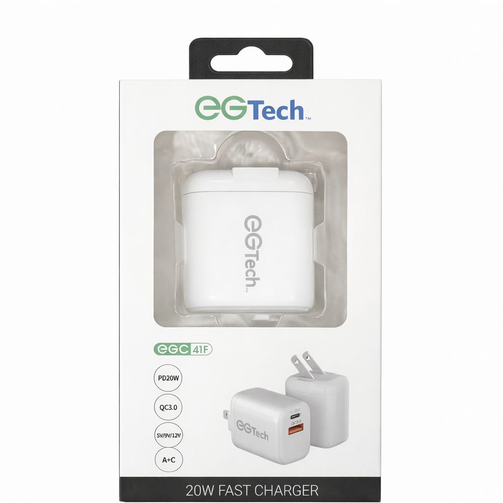 EGTECH FLIP PD20W 20W FAST CHARGER - A+C - QC3.0 - USB-A AND TYPE-C OUTPUT - WHITE ( 1107695) (MSRP $39.99)