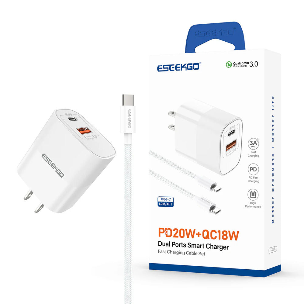 ESEEKGO [COMBO DUAL PORT - WALL CHARGER - TYPE-C CABLE] (20W PD-TypeC - USB-A WHITE 4FT) - FAST CHARGING - White ( 1108013) (MSRP $49.99)