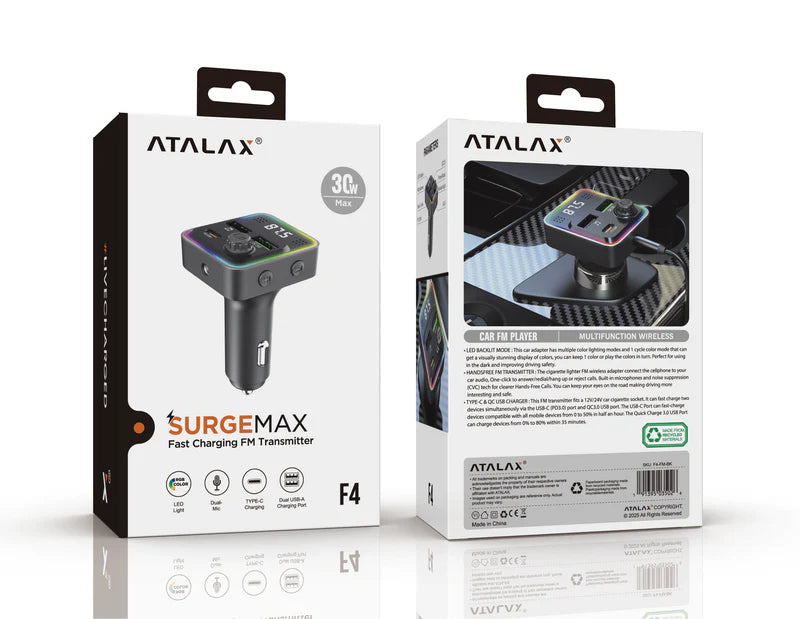 ATALAX SURGEMAX F4 DUAL USB/PD FM TRANSMITTER BLACK ( 1107792) (MSRP $39.99)