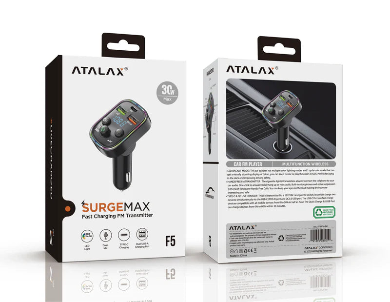 ATALAX SURGEMAX F5 DUAL USB/PD FM TRANSMITTER BLACK ( 1107791) (MSRP $39.99)