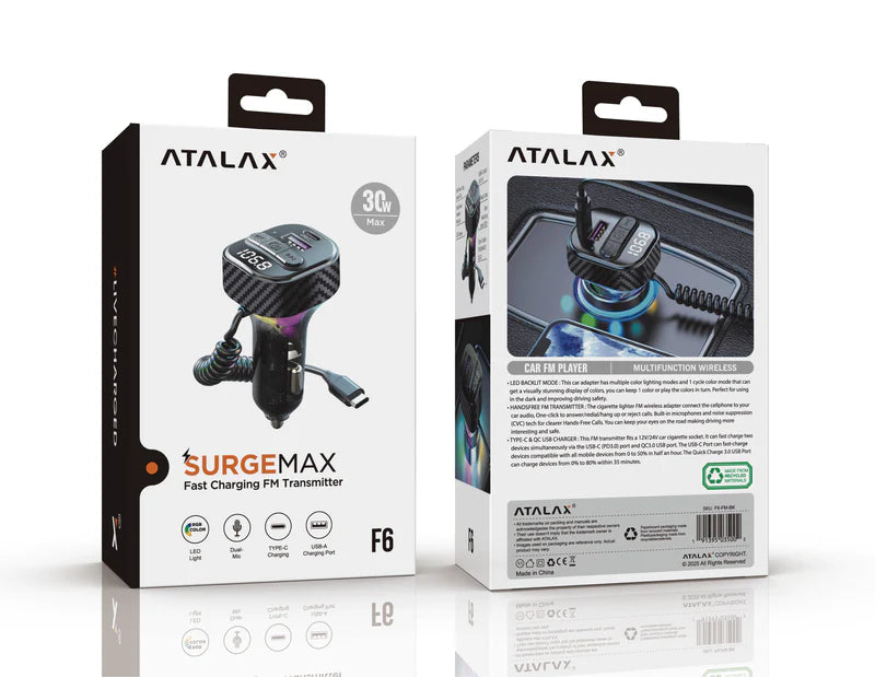 ATALAX SURGEMAX F6 PD/USB FM TRANSMITTER BLACK ( 1103515) (MSRP $49.99)
