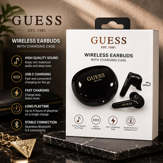 Guess TWS Flat Classic Logo True Wireless Earbuds Electroplated GUTWST7FCEEK - BLACK (1108102) (MSRP $79.99)