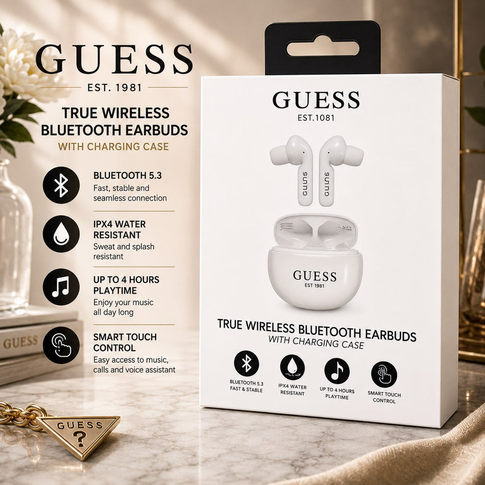 Guess Wireless Round Earphones Bluetooth 4 Hour Music Time GUTWS1CWH - WHITE (1108101) (MSRP $79.99)
