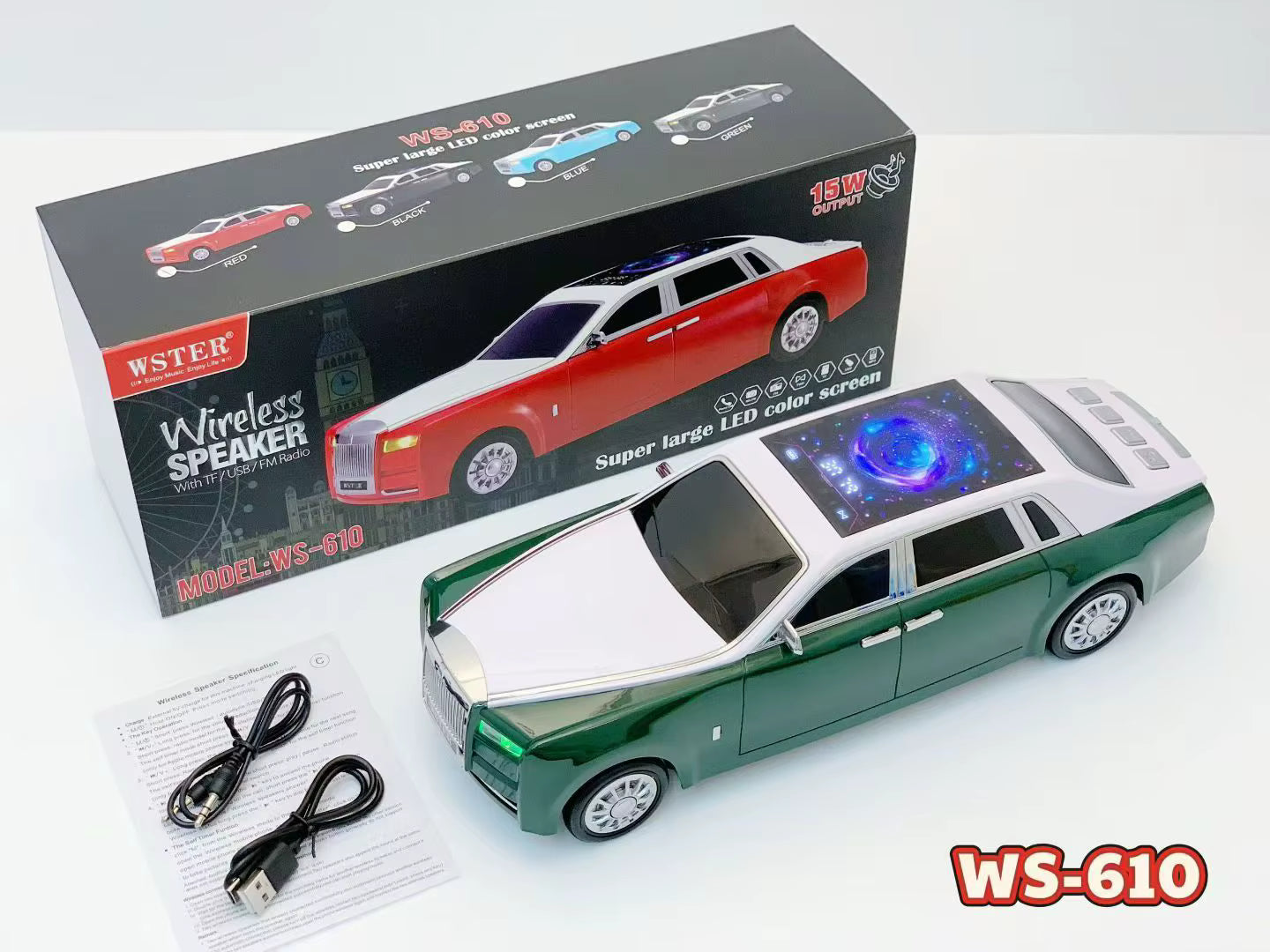 WS-610 Luxury Sedan Replica Bluetooth Speaker – LED Starry Sky Screen Display, HD Sound, TWS Stereo,FM Radio, USB/TF Playback, Built-in Microphone, Portable Wireless Gift for Car Enthusiasts ( 1103716) (MSRP $89.99)