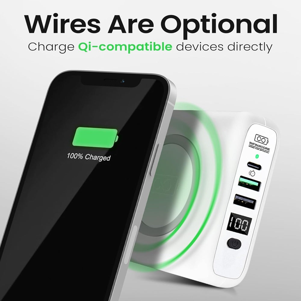 INFINACORE [WIRELESS POWER BANK] (8000MAH FAST USB-C - 2 USB-A MAGNETIC WHITE) - FAST CHARGE DIGITAL DISPLAY ( 1108053) (MSRP $79.99)
