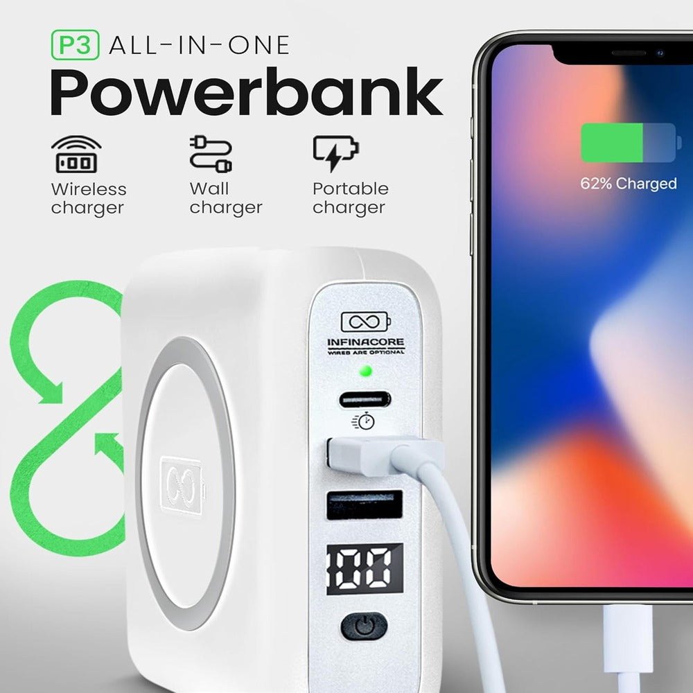 INFINACORE [WIRELESS POWER BANK] (8000MAH FAST USB-C - 2 USB-A MAGNETIC WHITE) - FAST CHARGE DIGITAL DISPLAY ( 1108053) (MSRP $79.99)