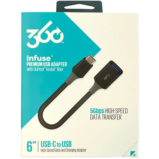 360 INFUSE PREMIUM USB ADAPTER 5GBPS HIGH SPEED DATA TRANSFER - USBC TO USB - 6 INCH - BLACK (1102929)