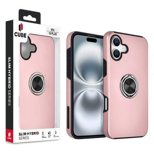 Cube® - Apple iPhone 16 Plus (6.7) - Rose Gold Hard Back Cover PC with Black Soft TPU with Adjustable Rotating Ring Stand Car Magnetic Bracket in Cube Retail Box ( 1103501) (MSRP $39.99)