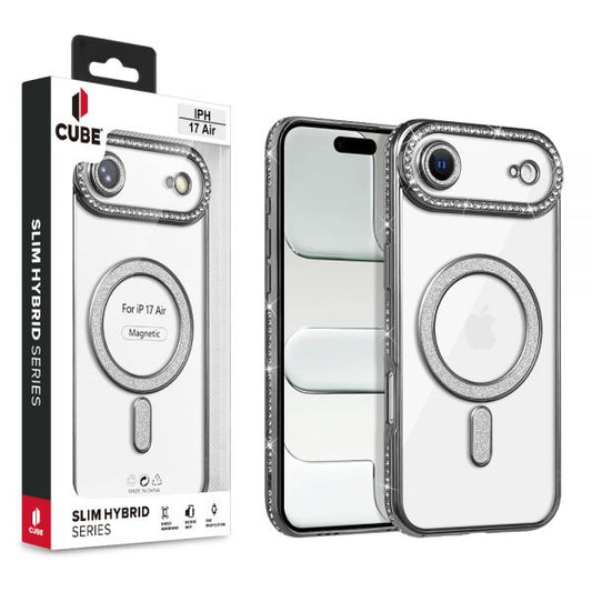 Cube® - Apple iPhone Air (6.5) - Clear Cover with Black Chrome Rhinestone TPU Edge Bumper & Rhinestone Built-in Lens Cover Compatible with MagSafe Charger in Cube Retail Box ( 1103506) (MSRP $49.99)