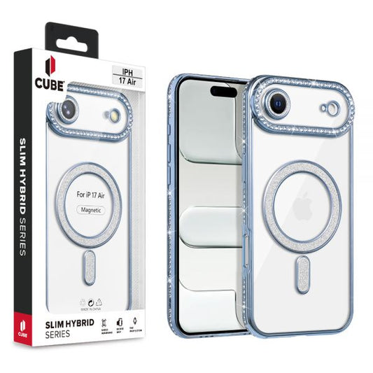 Cube® - Apple iPhone Air (6.5) - Clear Cover with Blue Chrome Rhinestone TPU Edge Bumper & Rhinestone Built-in Lens Cover Compatible with MagSafe Charger in Cube Retail Box ( 1103507) (MSRP $49.99)