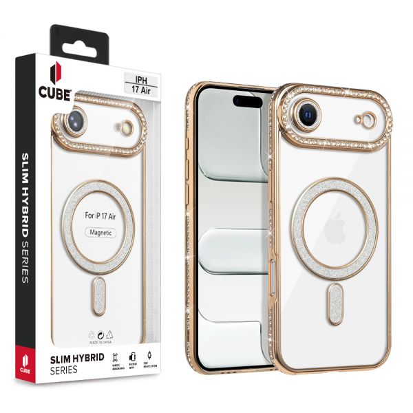 Cube® - Apple iPhone Air (6.5) - Clear Cover with Golden Chrome Rhinestone TPU Edge Bumper & Rhinestone Built-in Lens Cover Compatible with MagSafe Charger in Cube Retail Box ( 1103508) (MSRP $49.99)