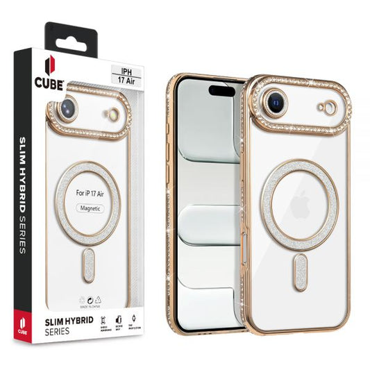 Cube® - Apple iPhone Air (6.5) - Clear Cover with Golden Chrome Rhinestone TPU Edge Bumper & Rhinestone Built-in Lens Cover Compatible with MagSafe Charger in Cube Retail Box ( 1103508) (MSRP $49.99)