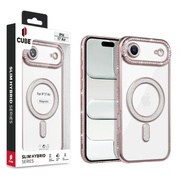 Cube® - Apple iPhone Air (6.5) - Clear Cover with Pink Chrome Rhinestone TPU Edge Bumper & Rhinestone Built-in Lens Cover Compatible with MagSafe Charger in Cube Retail Box ( 1103509) (MSRP $49.99)