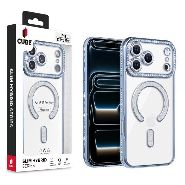 Cube® - Apple iPhone 17 Pro Max (6.9) - Clear Cover with Blue Chrome Rhinestone TPU Edge Bumper & Rhinestone Built-in Lens Cover Compatible with MagSafe Charger in Cube Retail Box ( 1103505) (MSRP $49.99)