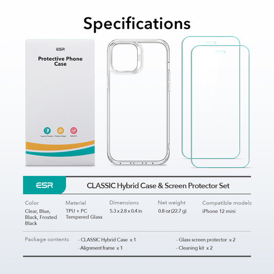 ESR Classic Hybrid - Clear Case 1 Pack + Screen Shield 2 Pack for iPhone 12 mini   - Clear (110013)