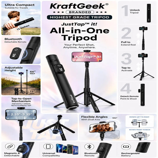 KraftGeek JustTap Phone Tripod for iPhone Auto Open Selfie Stick Tripod 66 Inch Cell Phone Tripod Stand Bluetooth Remote Aluminum Alloy Portable Selfie Stick for Travel Vlogging and Video Recording - BLACK (1108105) (MSRP $69.99)