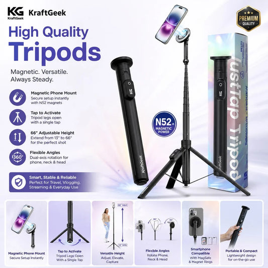KraftGeek Magnetic Phone Tripod for iPhone JustTap Tripod for MagSafe 66 Inch Auto Open Selfie Stick Tripod N52 Magnetic Mount Portable Phone Tripod Stand for Travel Video Recording and Vlogging - BLACK (1108106) (MSRP $79.99)