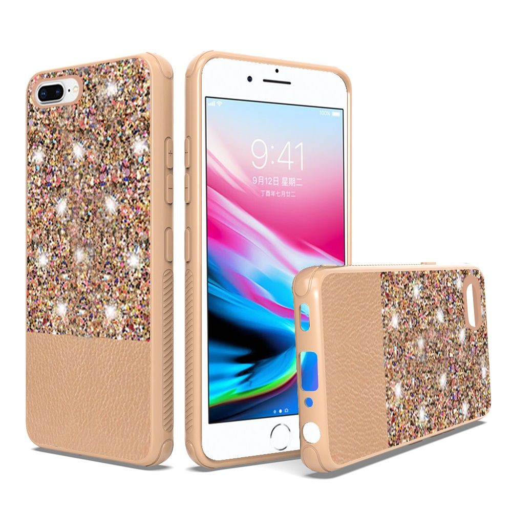 iPhone 8 Plus/7 Plus/6 Plus PU Leather Glitter Hybrid with Chrome TPU - Gold (4732)