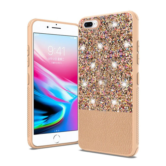 iPhone 8 Plus/7 Plus/6 Plus PU Leather Glitter Hybrid with Chrome TPU - Gold (4732)