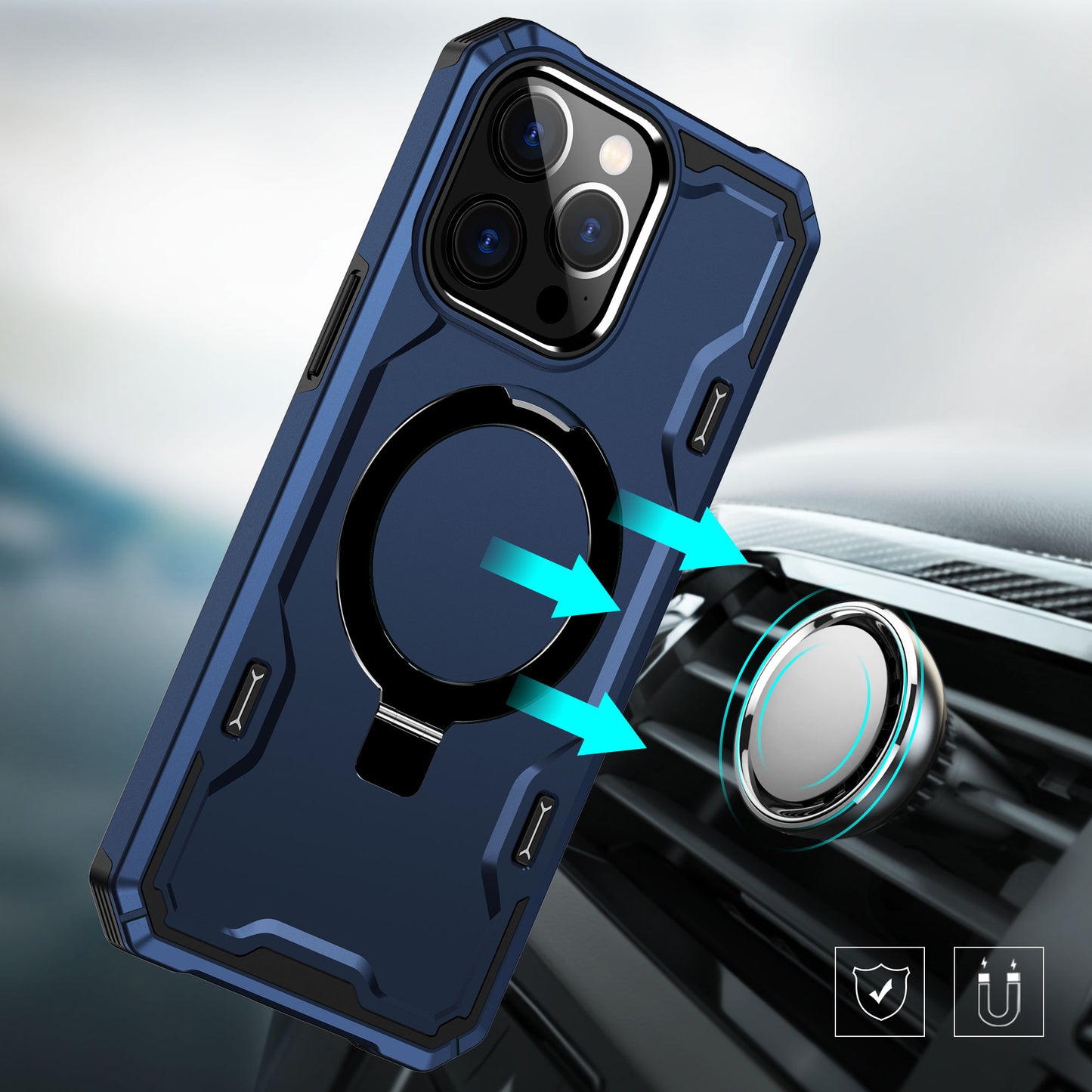 iPhone 15 Pro Magnetic Ring Stand Simplistic Tough Hybrid Case Cover - Blue (1106186)