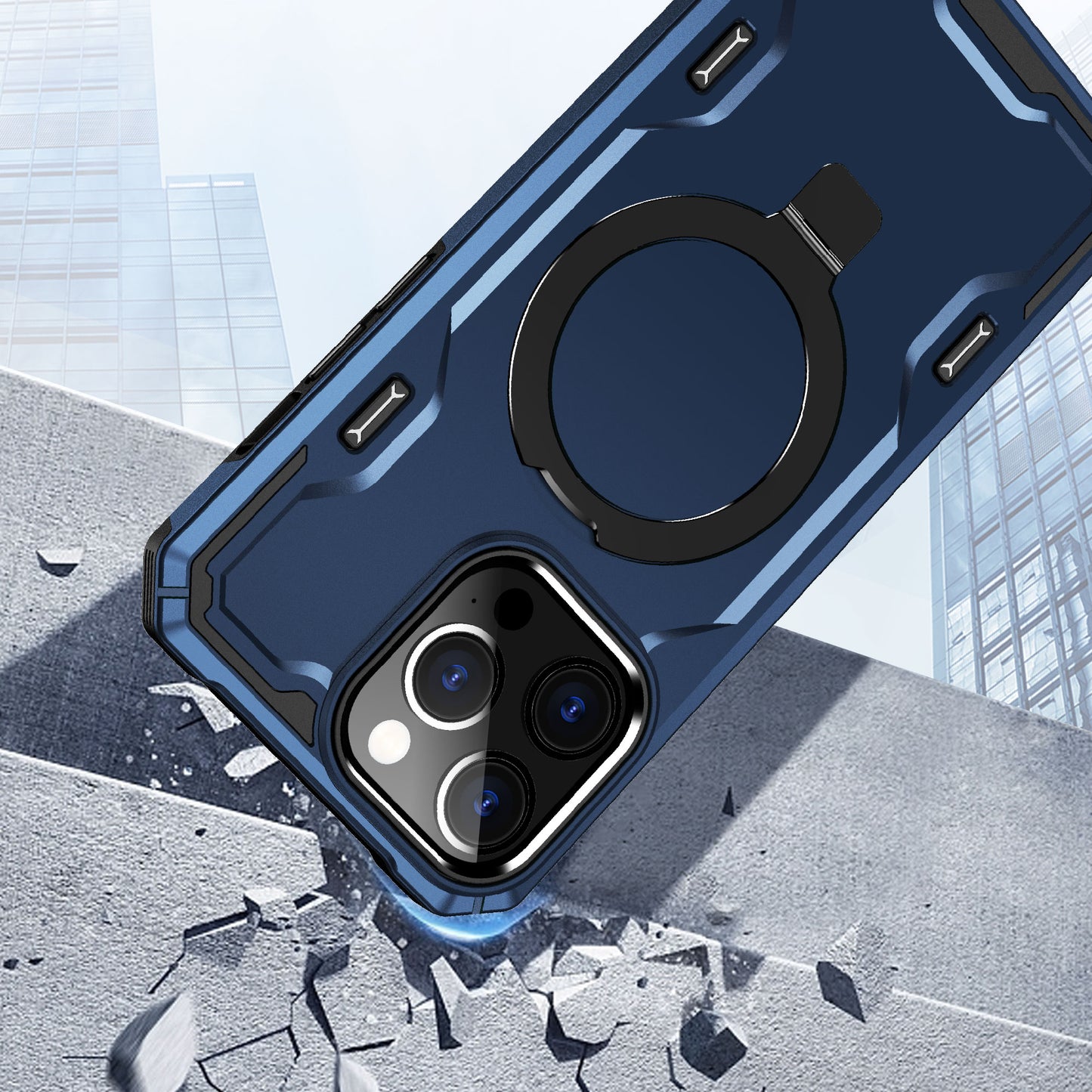 iPhone 15 Pro Magnetic Ring Stand Simplistic Tough Hybrid Case Cover - Blue (1106186)