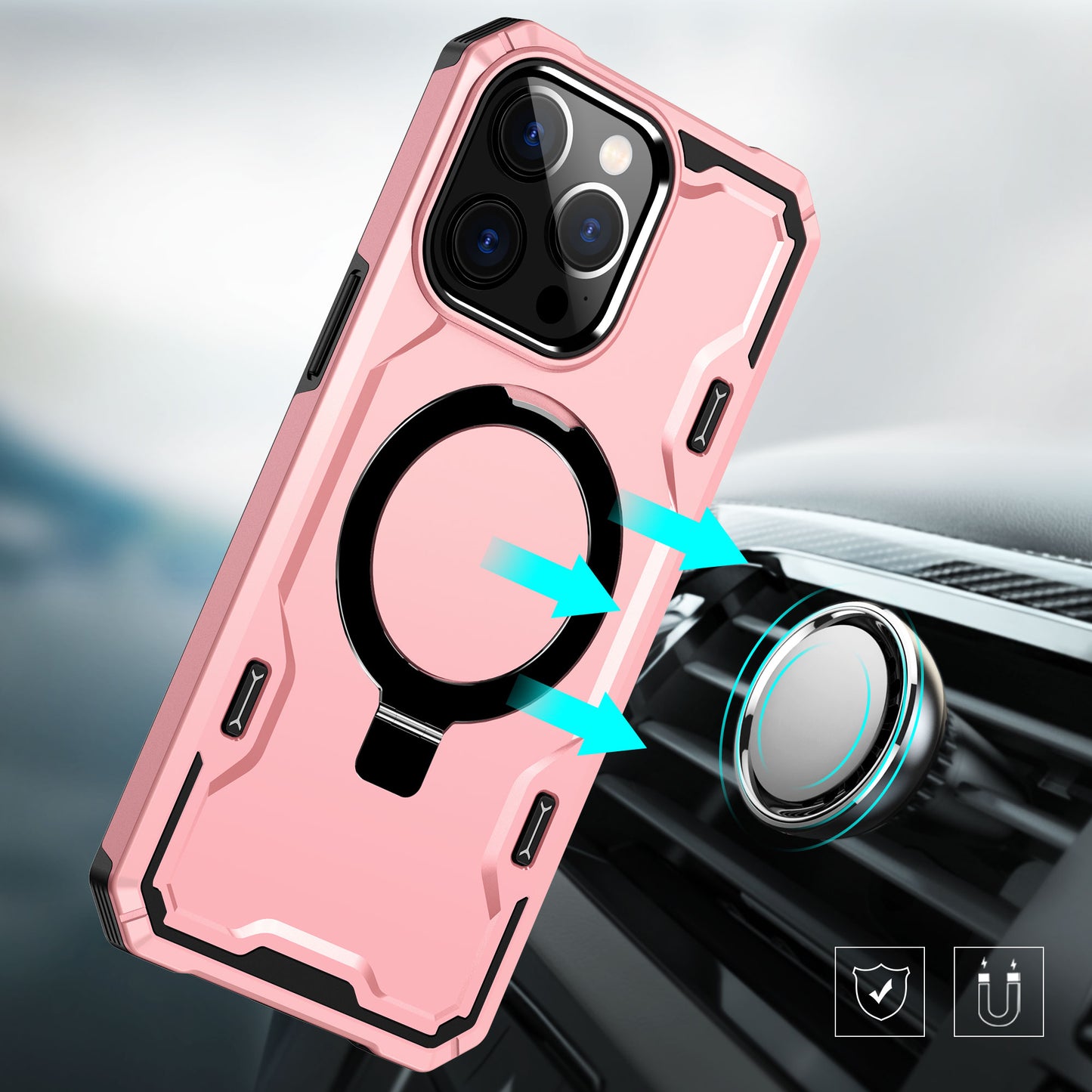 iPhone 15 Pro Max Magnetic Ring Stand Simplistic Tough Hybrid Case Cover - Rose Gold (1106183)