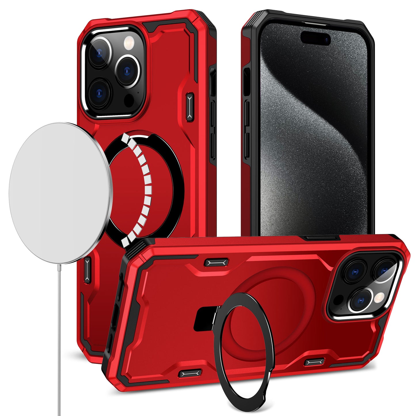 iPhone 15 Pro Max Magnetic Ring Stand Simplistic Tough Hybrid Case Cover - Red (1106182)
