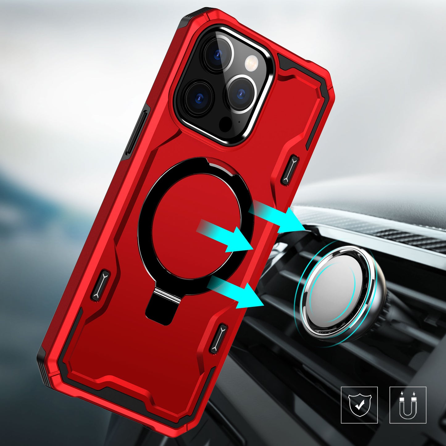 iPhone 15 Pro Max Magnetic Ring Stand Simplistic Tough Hybrid Case Cover - Red (1106182)