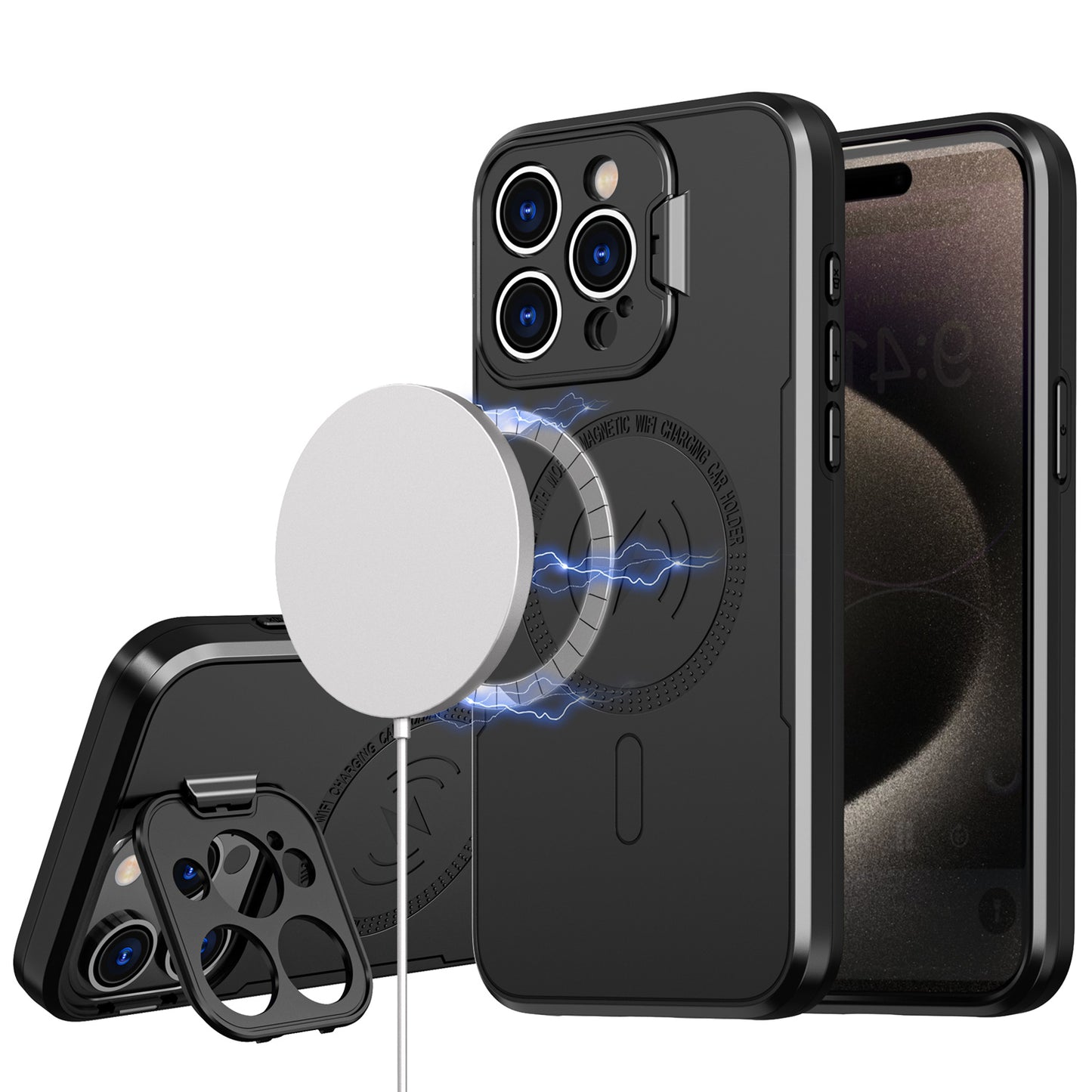 iPhone 13/14 Magnetic Ring Circle Camera Cap KickStand Hybrid UV Paint Matte Finish Case - Black (1102519)