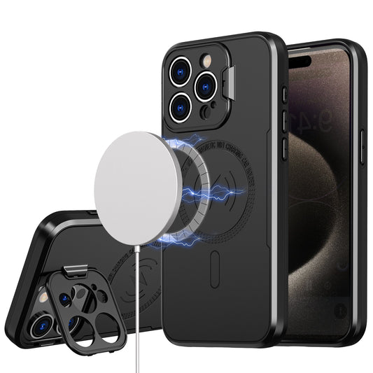 iPhone 13/14 Magnetic Ring Circle Camera Cap KickStand Hybrid UV Paint Matte Finish Case - Black (1102519)