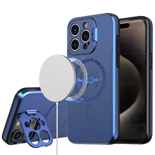 iPhone 13/14 Magnetic Ring Circle Camera Cap KickStand Hybrid UV Paint Matte Finish Case - Blue (1102520)