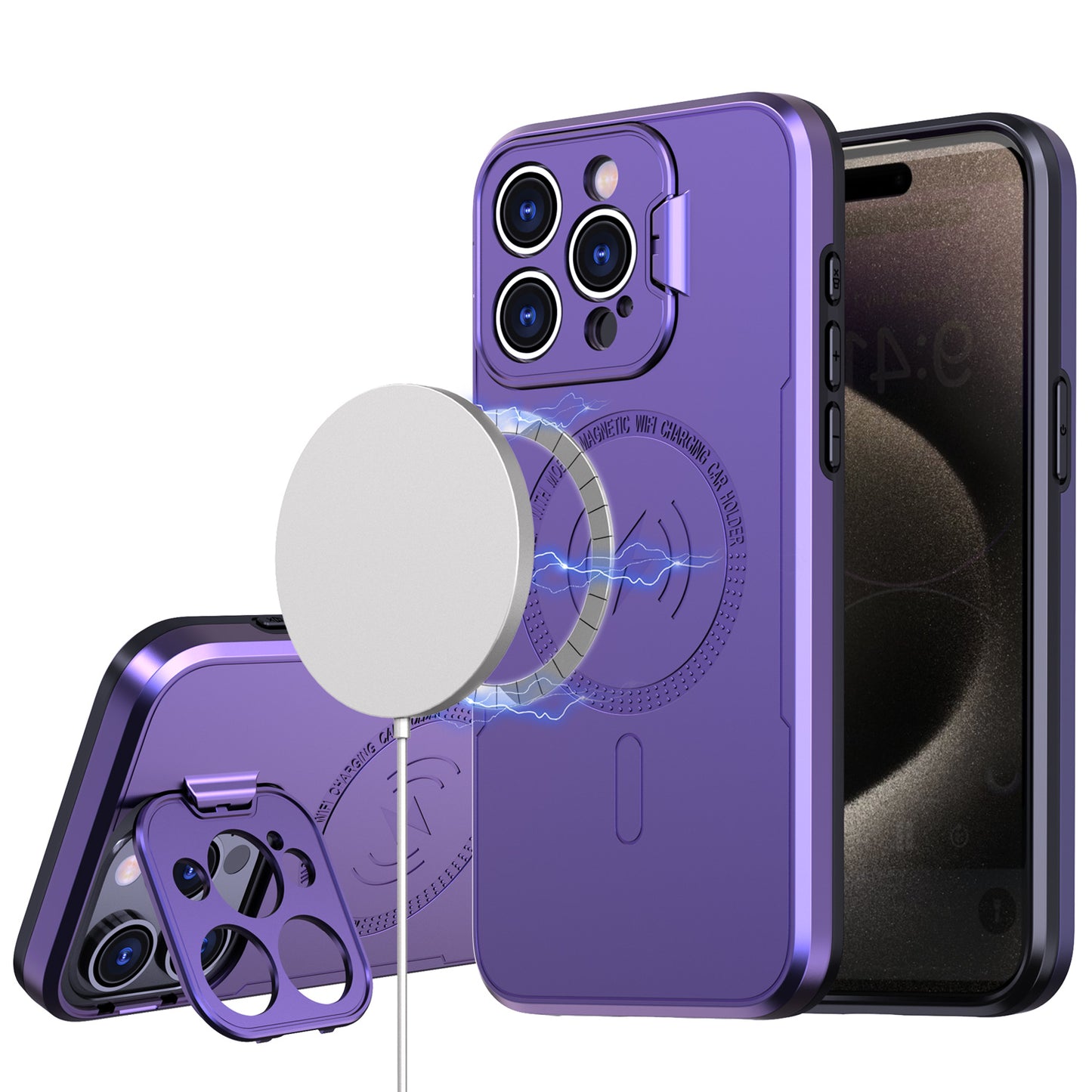 iPhone 15/14/13 and 16E Magnetic Ring Circle Camera Cap KickStand Hybrid UV Paint Matte Finish Case - Purple ( 1107631) (MSRP $49.99)