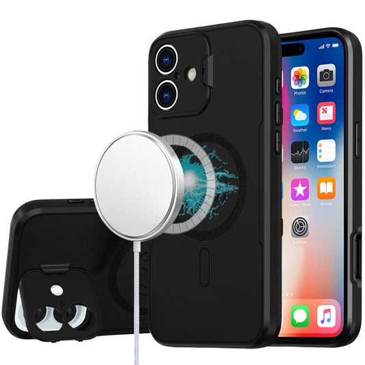 iPhone 16 6.1 inch Magnetic Ring Circle Camera Cap KickStand Hybrid UV Paint Matte Finish Case - Black  (11037777) ($39.99 MSRP)