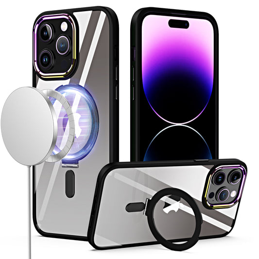 iPhone 15 Pro Dazzle [Magnetic Circle] Kickstand Alloy Chrome Transparent Hybrid - Black (1106098)