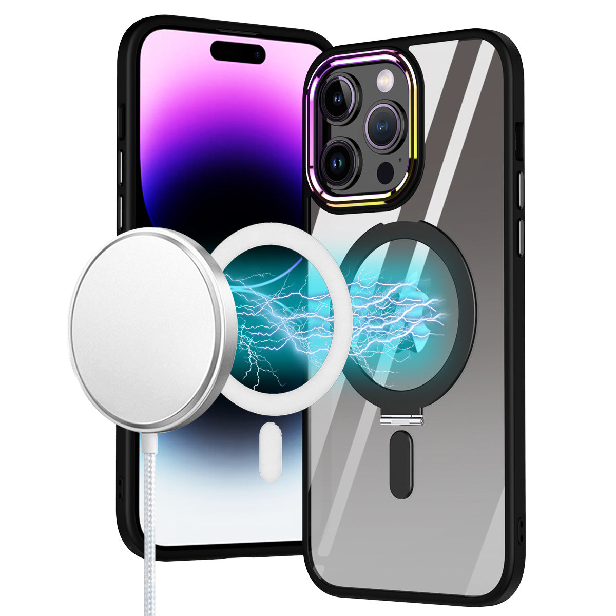 iPhone 15 Pro Dazzle [Magnetic Circle] Kickstand Alloy Chrome Transparent Hybrid - Black (1106098)