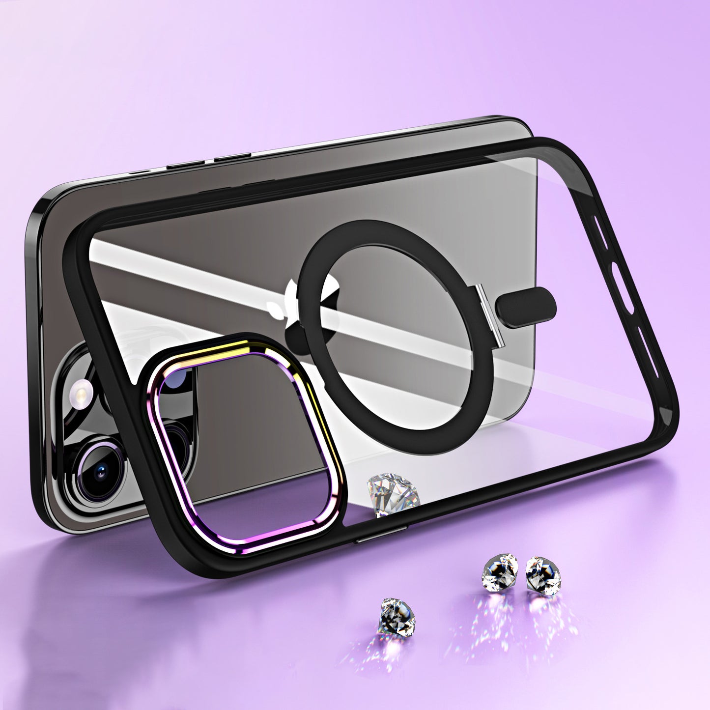 iPhone 15 Pro Dazzle [Magnetic Circle] Kickstand Alloy Chrome Transparent Hybrid - Black (1106098)