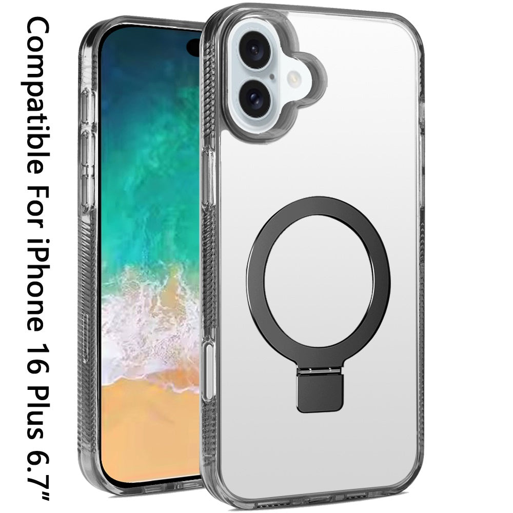 iPhone 16 Plus 6.7 inch Dotted Edged Line Transparent HQ Magnetic Ring Stand Hybrid - Black (1107220)