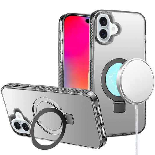 iPhone 16 6.1 inch Dotted Edged Line Transparent HQ Magnetic Ring Stand Hybrid - Black (1107218)
