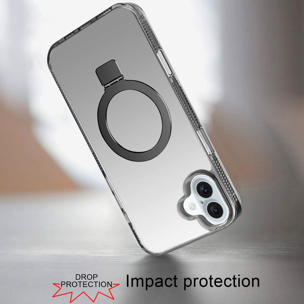 iPhone 16 6.1 inch Dotted Edged Line Transparent HQ Magnetic Ring Stand Hybrid - Black (1107218)