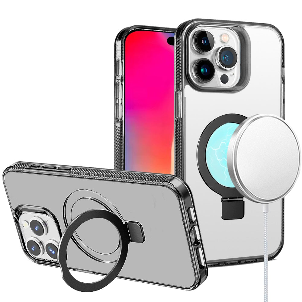 iPhone 16 Pro 6.3 inch Dotted Edged Line Transparent HQ Magnetic Ring Stand Hybrid - Black (1107223)