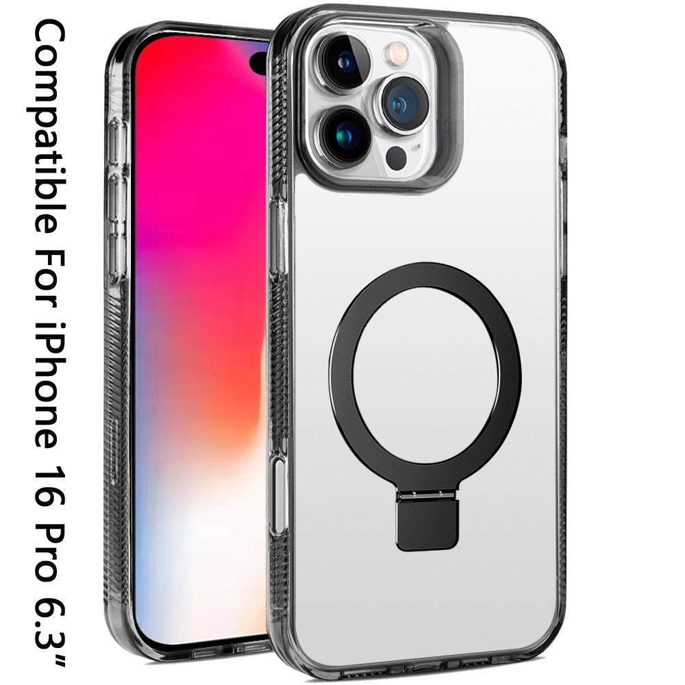 iPhone 16 Pro 6.3 inch Dotted Edged Line Transparent HQ Magnetic Ring Stand Hybrid - Black (1107223)