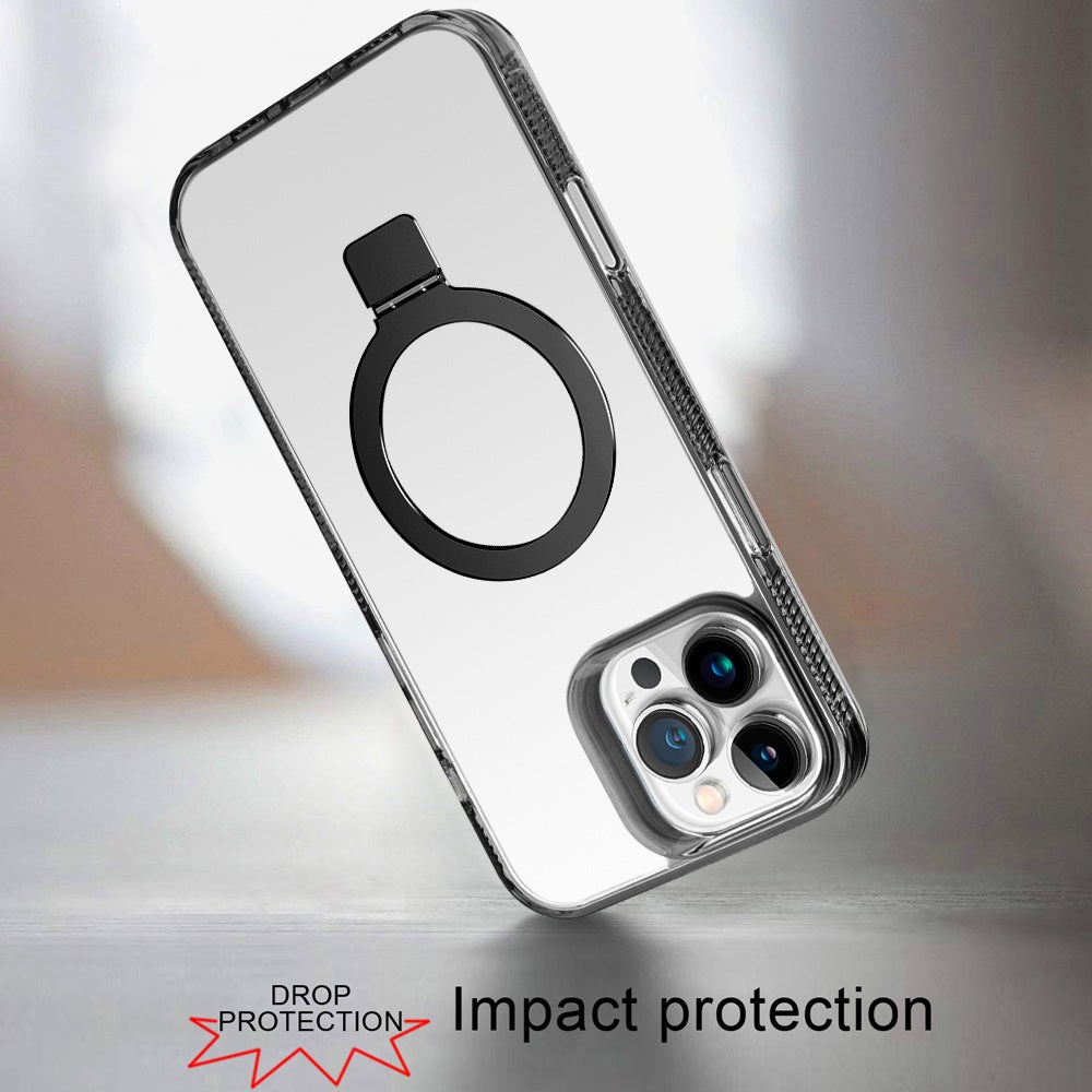 iPhone 16 Pro 6.3 inch Dotted Edged Line Transparent HQ Magnetic Ring Stand Hybrid - Black (1107223)