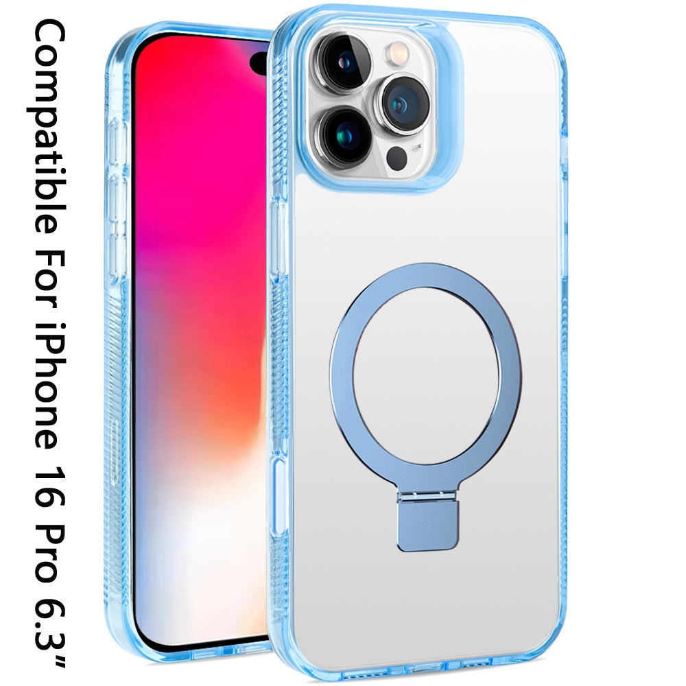 iPhone 16 Pro 6.3 inch Dotted Edged Line Transparent HQ Magnetic Ring Stand Hybrid - Light Blue (1107224)