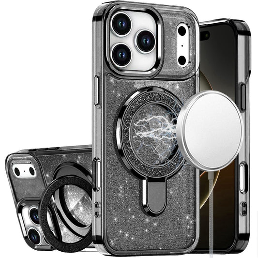 iPhone 17 Pro Max Transparent Glitter Rotaional Magnetic Ring Stand HQ Hybrid - Black ( 1107760) (MSRP $59.99)