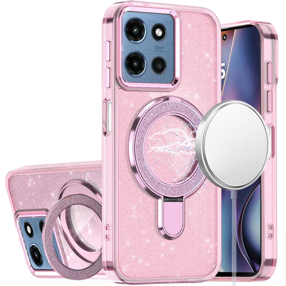 Moto G 5G 2025/2026 - G Play 2026 - Transparent Glitter Rotaional Magnetic Ring Stand HQ Hybrid - Light Pink (1107549) (MSRP 59.99)